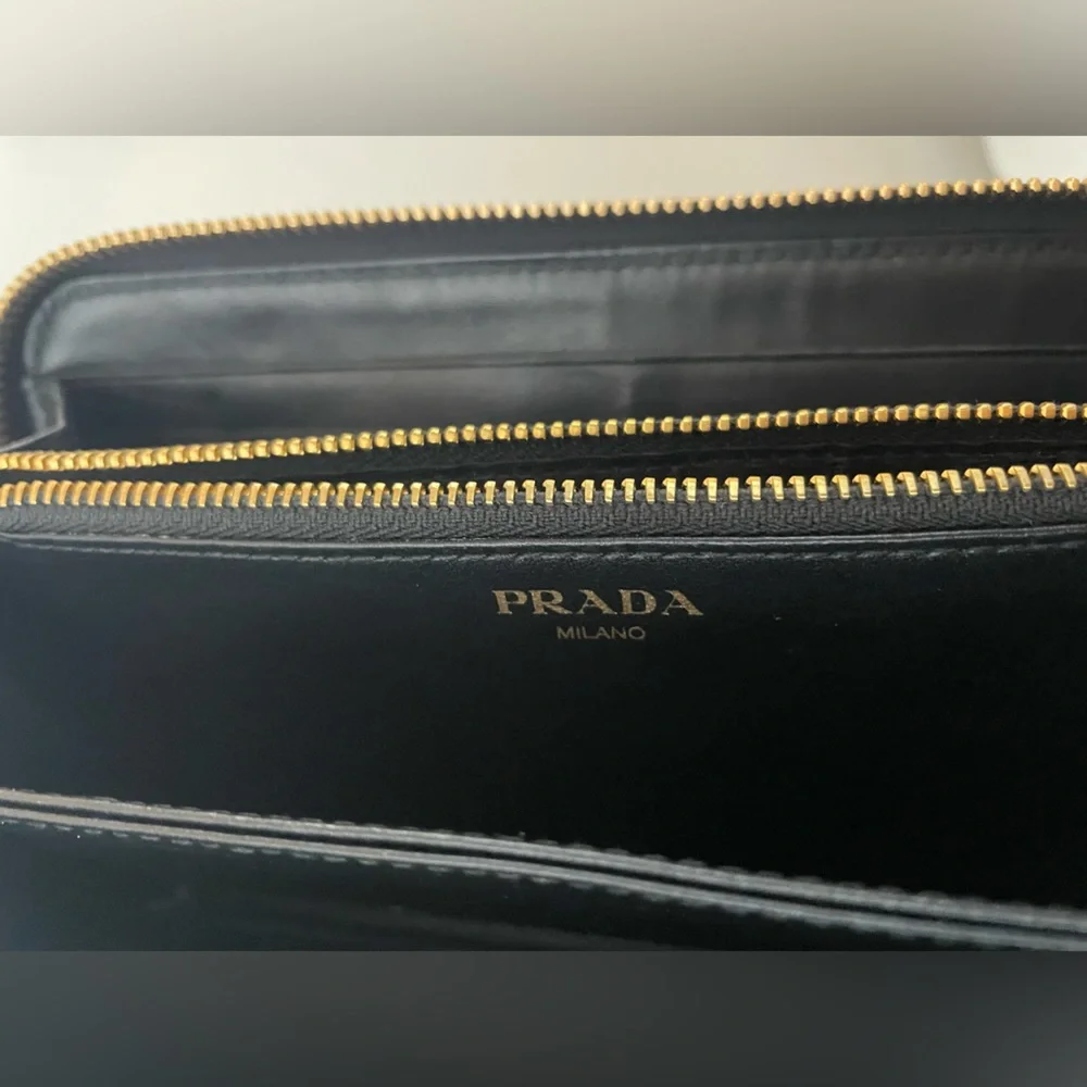 Prada Black Saffiano Leather Zip Wallet with Gold Logo
